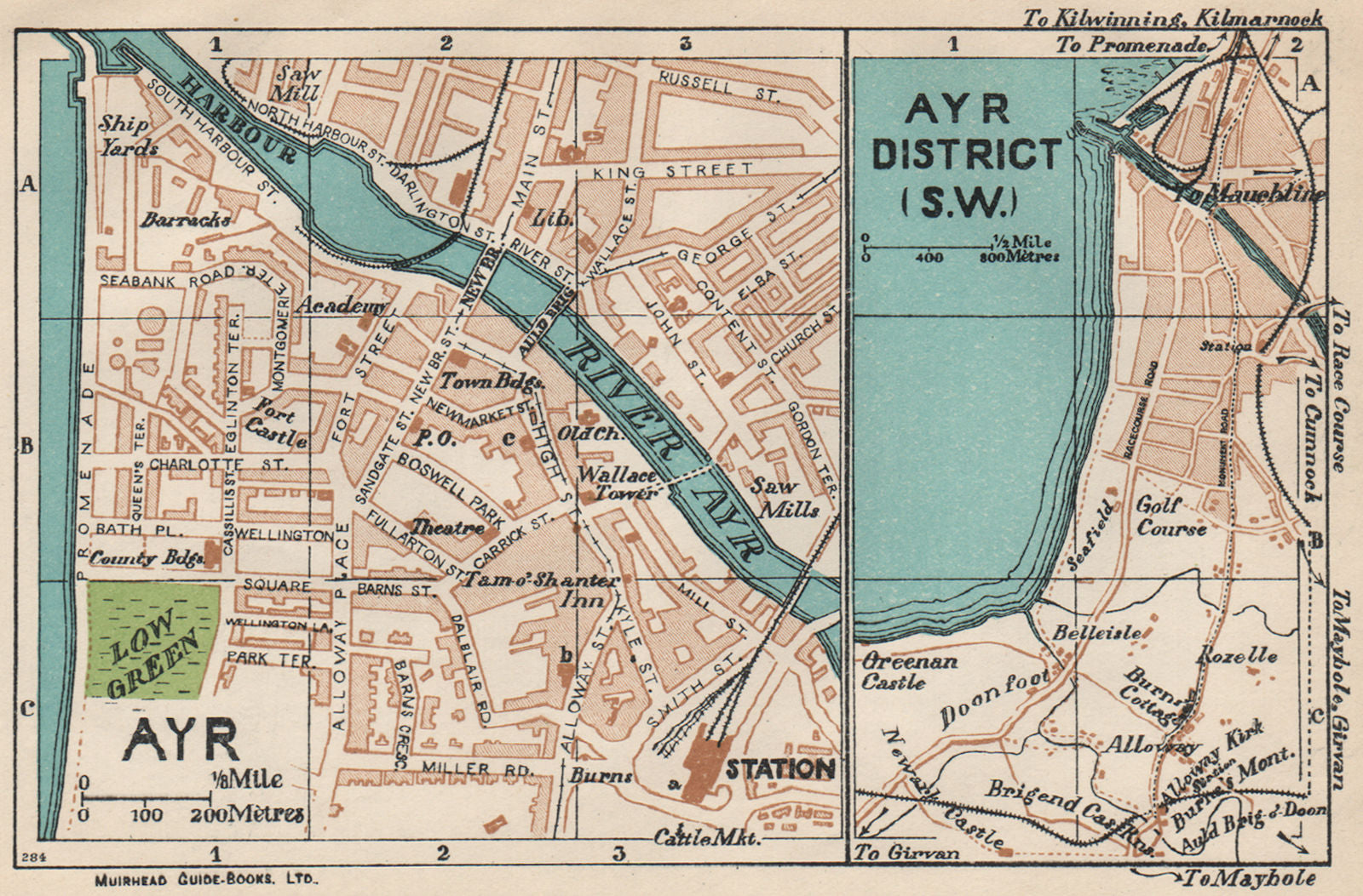 AYR & DISTRICT. Vintage town city map plan. Scotland 1932 old vintage